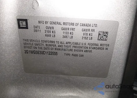 2012 Chevrolet Impala Lt from USA, damaged, VIN 2G1WG5E30C1122655